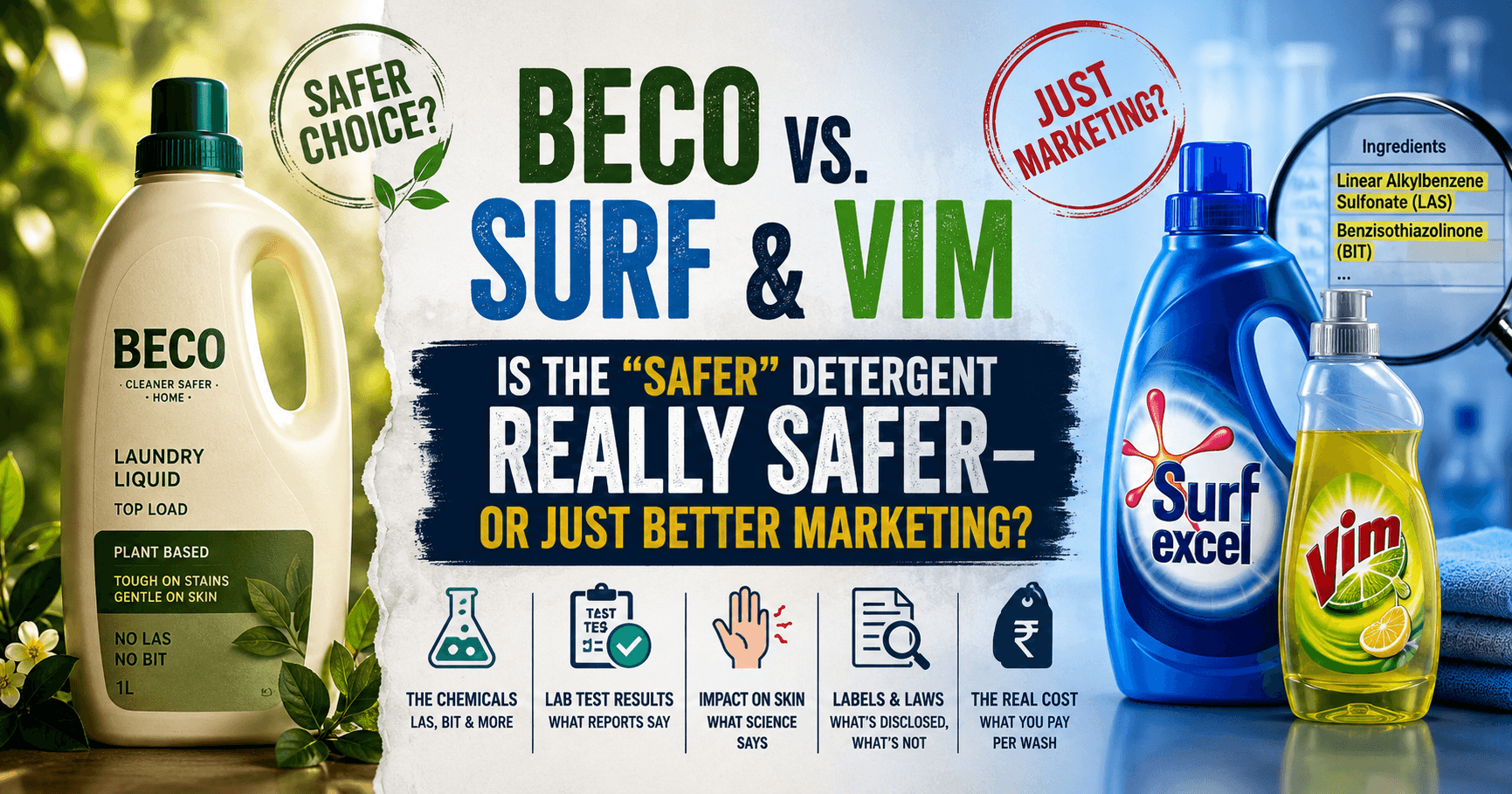 BECO vs Surf and Vim detergent comparison cover illustration
