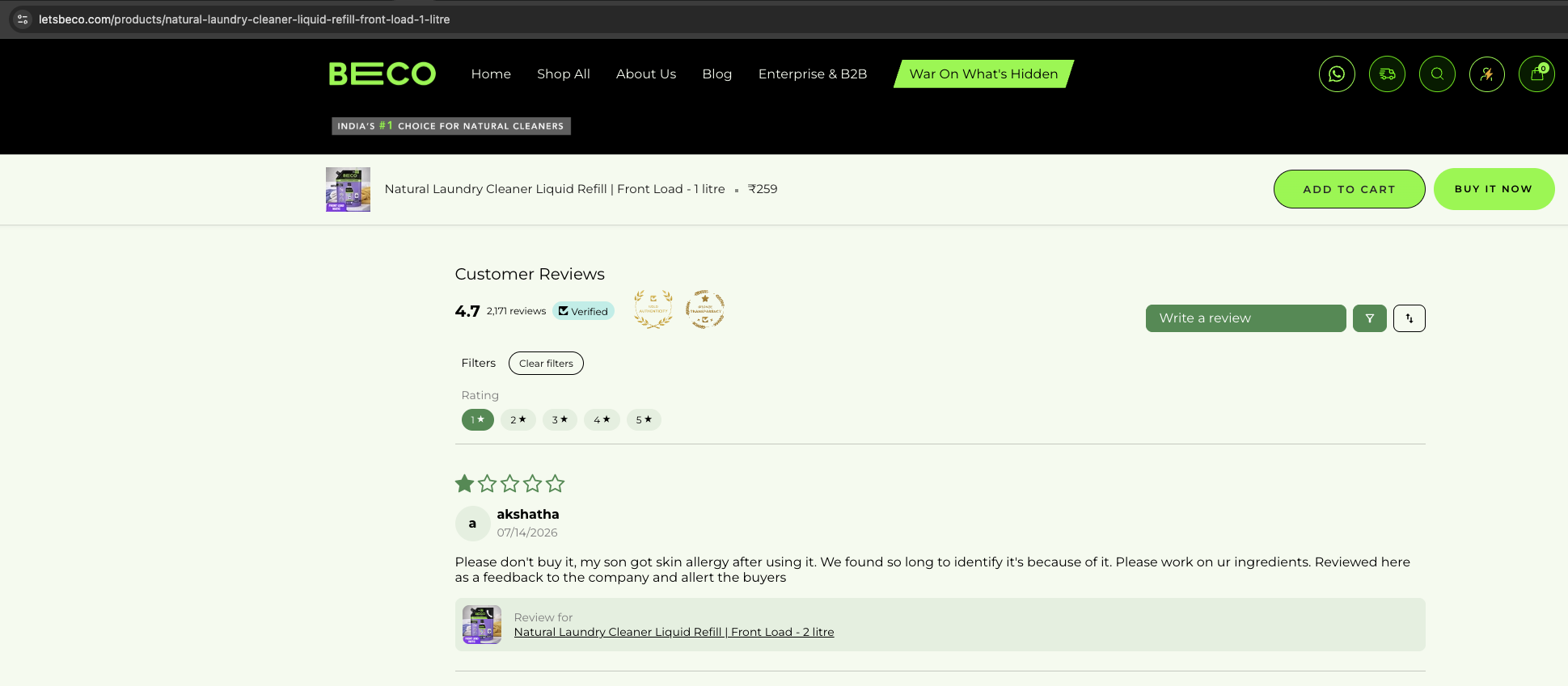 Screenshot of the customer review displayed on BECO's laundry product page